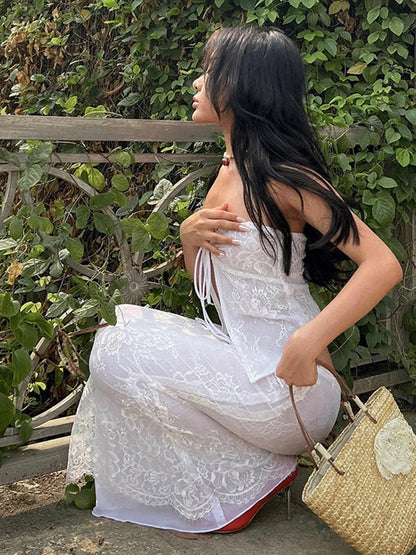 White Lace Floral Sleeveless Off-Shoulder Bandeau Wrap Floral Dress