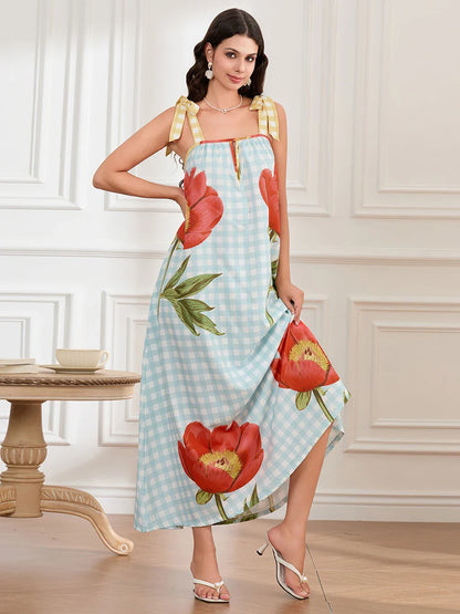 Plaid Flower Sleeveless Tank Floral Dress