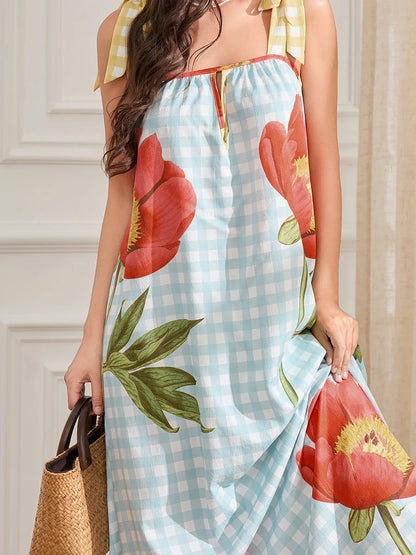 Plaid Flower Sleeveless Tank Floral Dress
