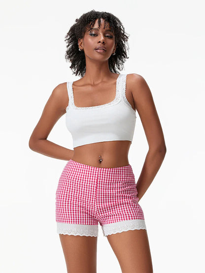 Plaid Lace Crochet Hem Short