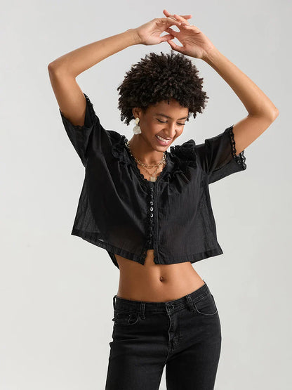 Lace Ruffle V-neck Button Casual Loose Crop Shirt
