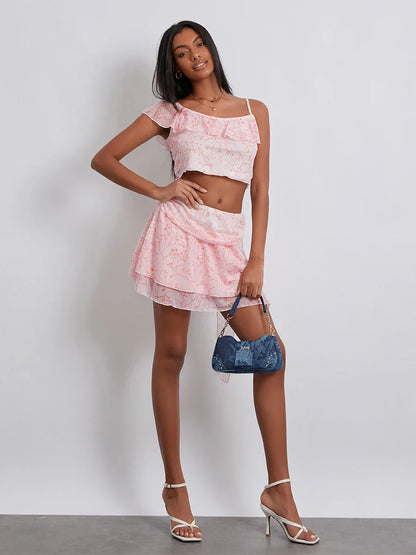 Floral Print Ruffle Sling Crop Cami Mini Skirt Floral Dress
