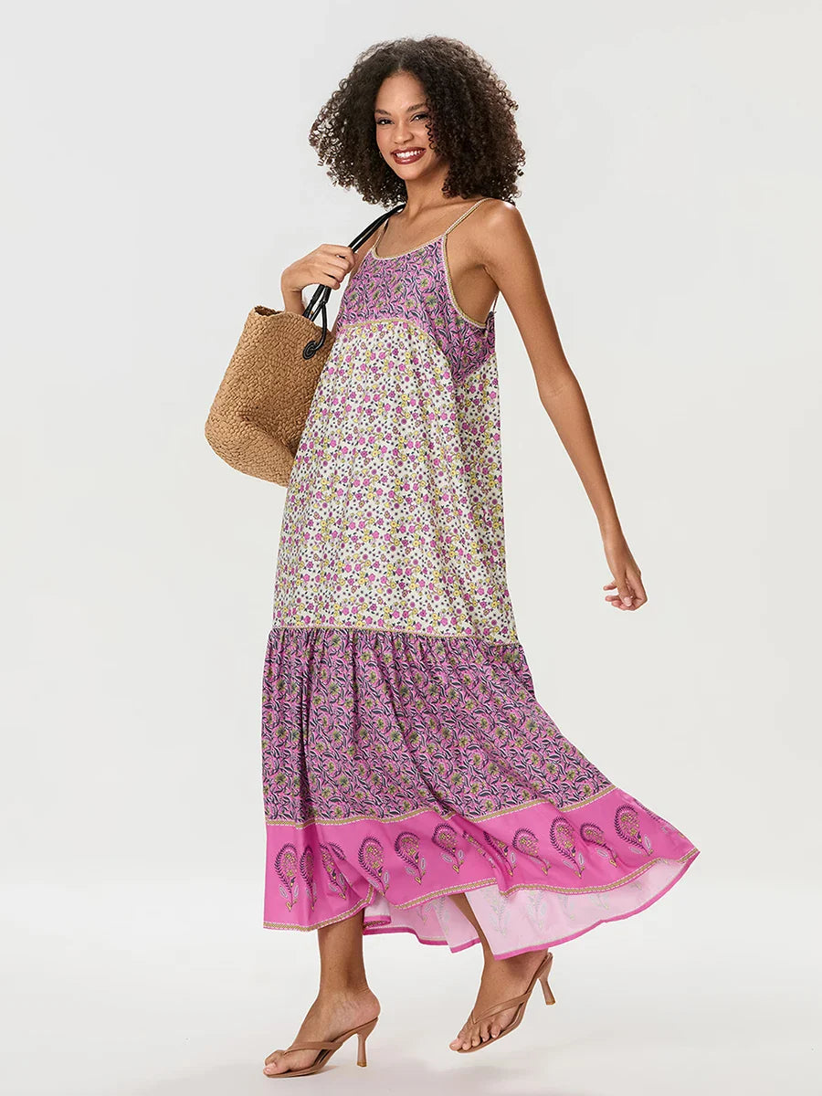 Bohemian Floral Spaghetti Strap Ruched Floral Dress