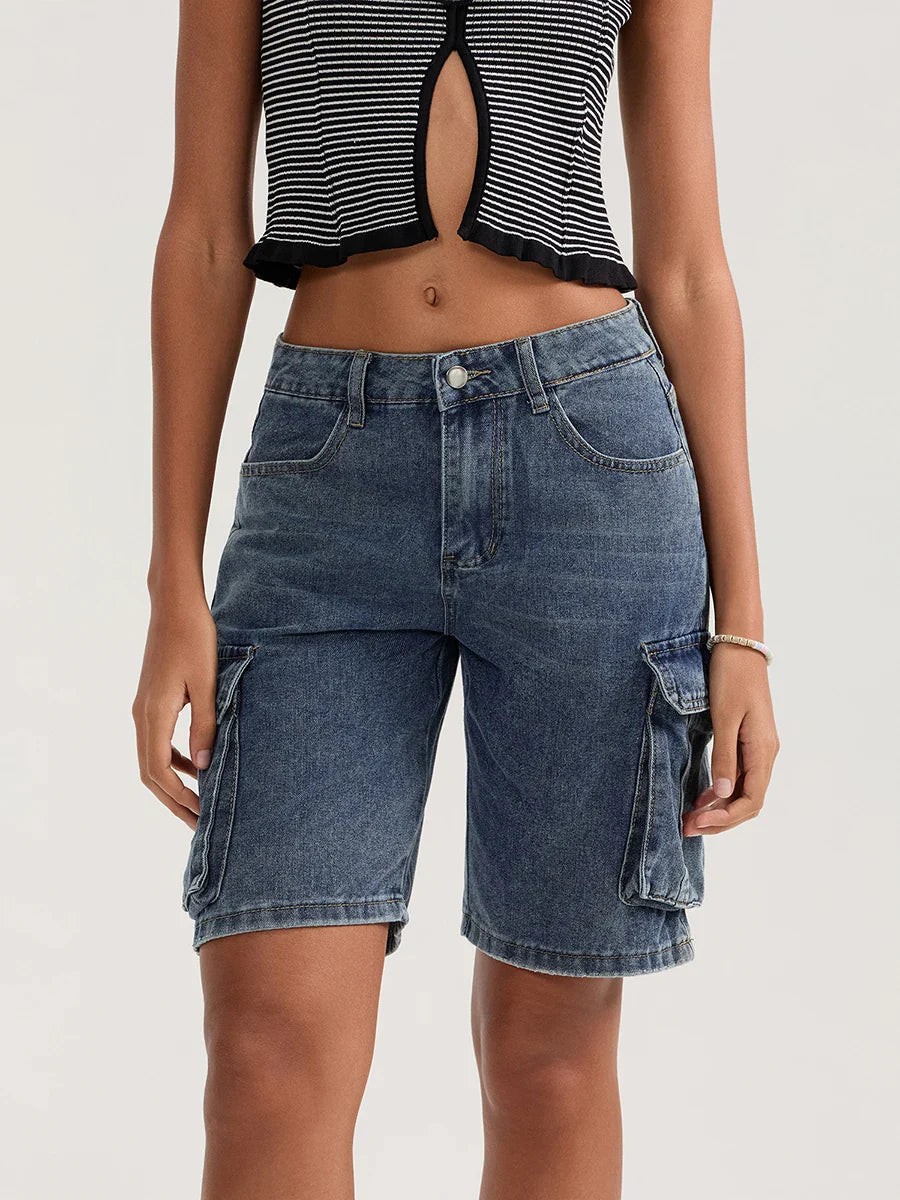 Solid Mid Rise Button Denim Short