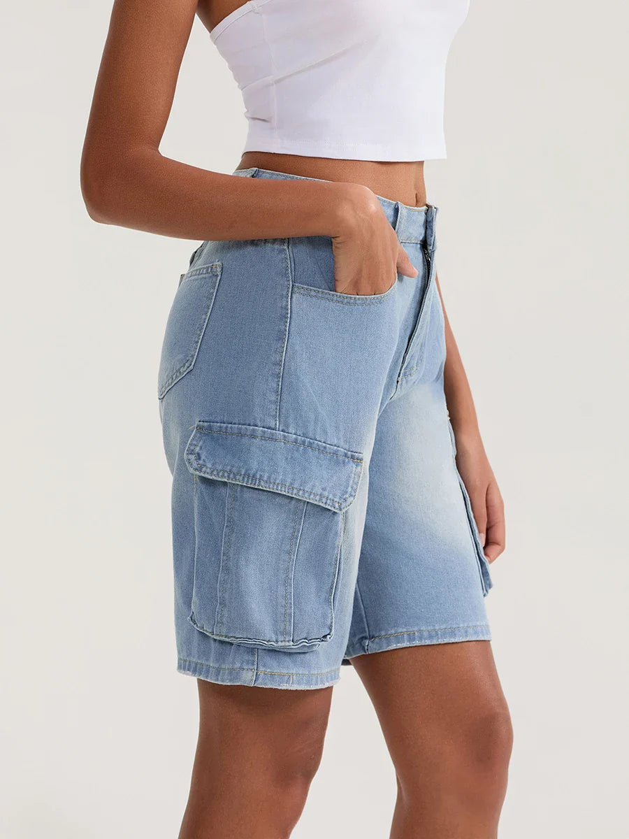 Solid Mid Rise Button Denim Short