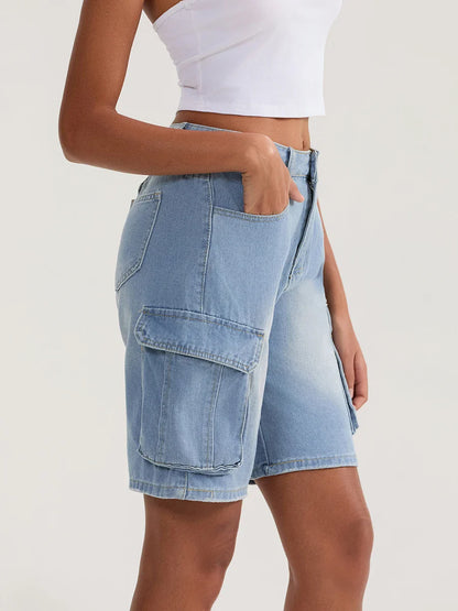 Solid Mid Rise Button Denim Short