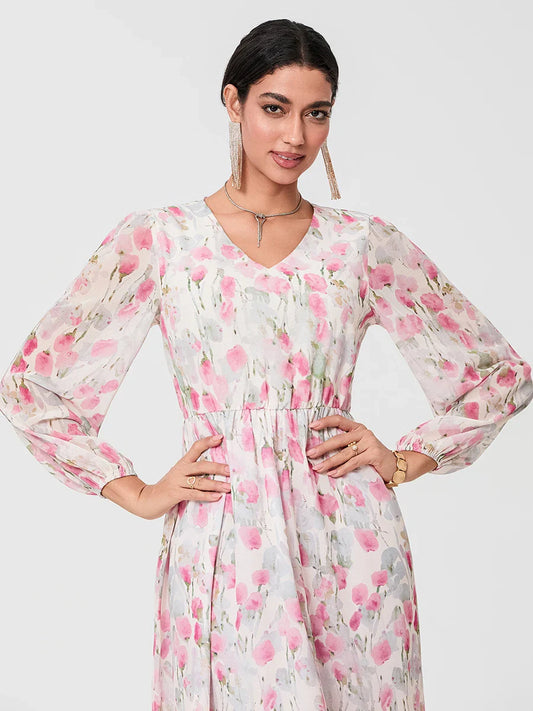 Elegant Floral Flowing Long Sleeve A-Line Floral Dress