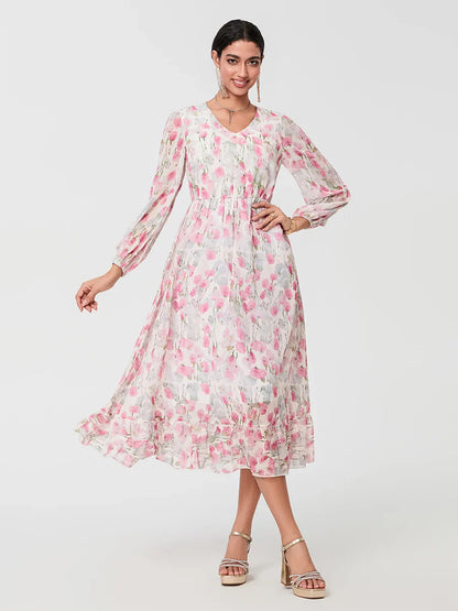 Elegant Floral Flowing Long Sleeve A-Line Floral Dress
