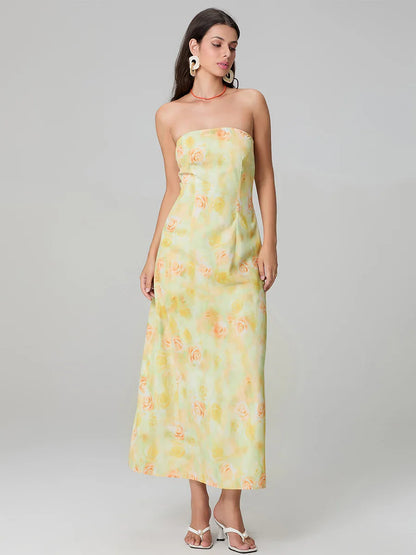 Elegant Floral Print Tube Backless Off-Shoulder Evening Gown Party Dress