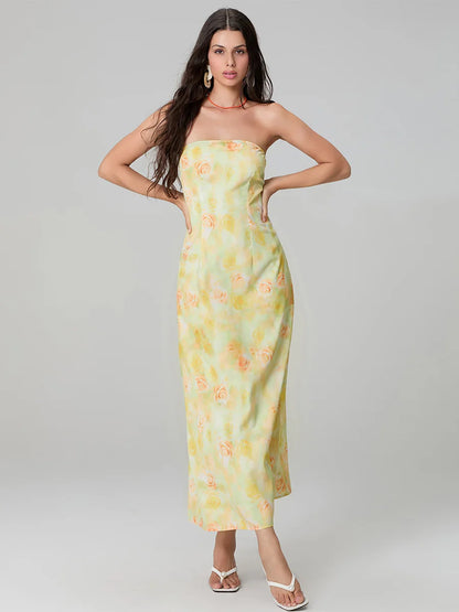 Elegant Floral Print Tube Backless Off-Shoulder Evening Gown Party Dress