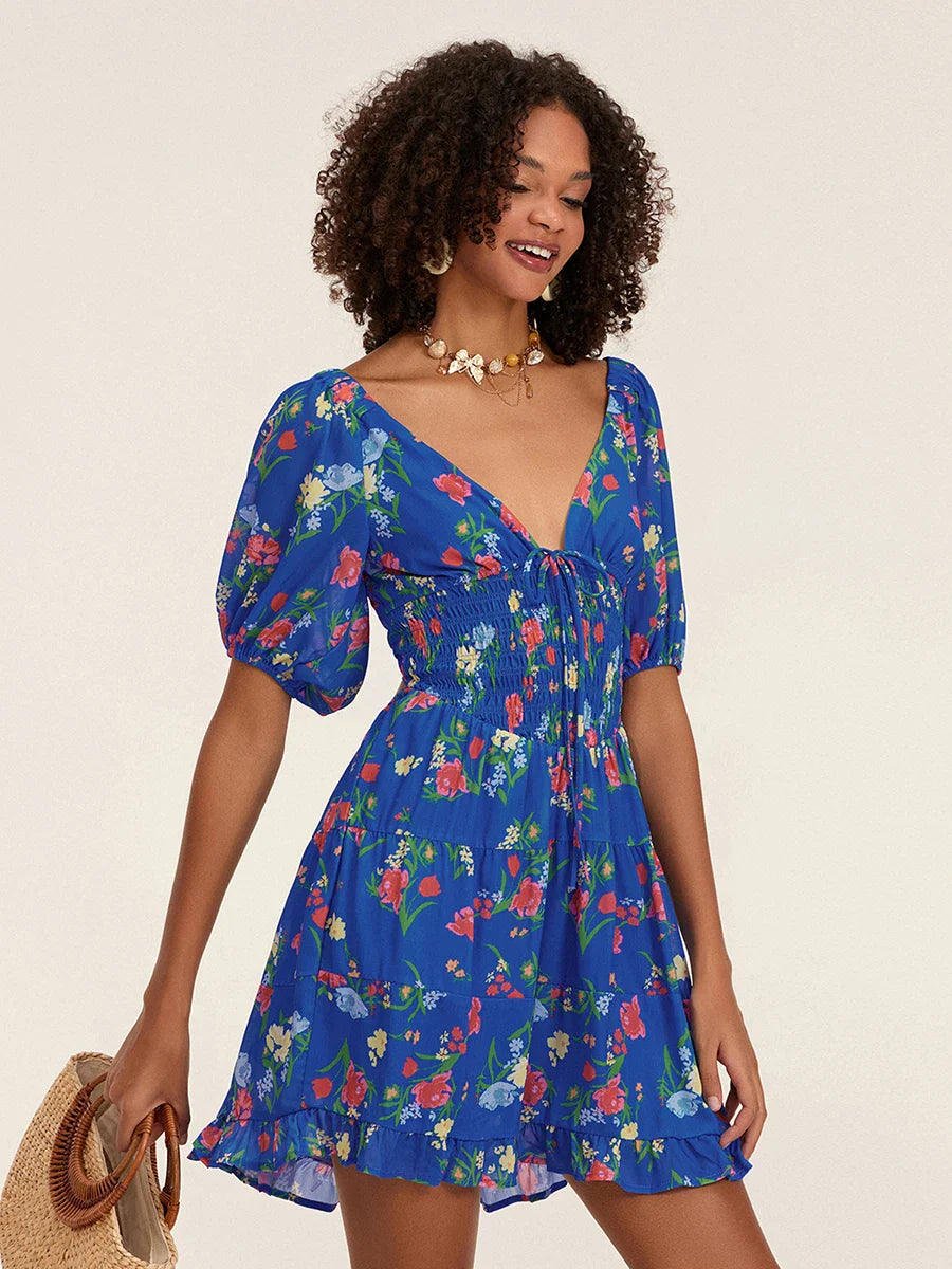 Floral A-Line Mini Puff Short Sleeve Tie-Up Front Flared Vacation Party Dress