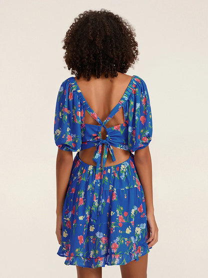 Floral A-Line Mini Puff Short Sleeve Tie-Up Front Flared Vacation Party Dress
