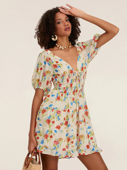 Floral A-Line Mini Puff Short Sleeve Tie-Up Front Flared Vacation Party Dress
