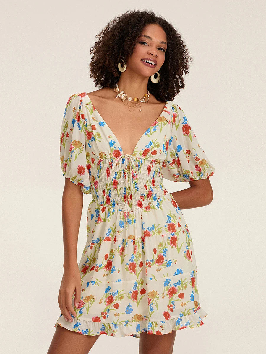 Floral A-Line Mini Puff Short Sleeve Tie-Up Front Flared Vacation Party Dress
