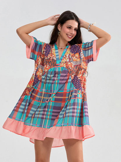 Floral Print Patchwork Flowy V-neck Loose A-Line Mini Floral Dress