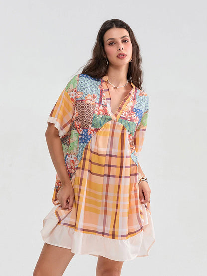 Floral Print Patchwork Flowy V-neck Loose A-Line Mini Floral Dress