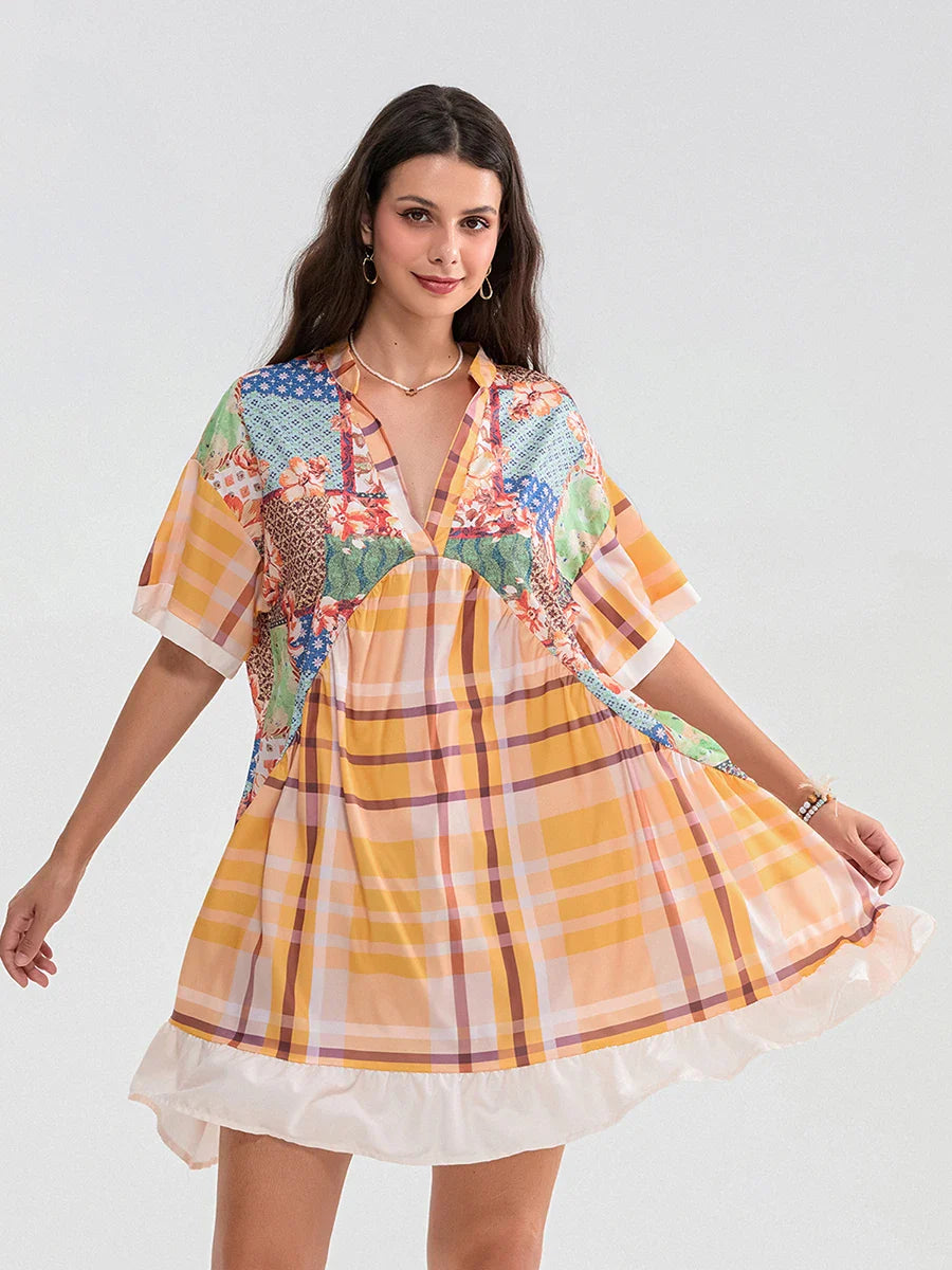 Floral Print Patchwork Flowy V-neck Loose A-Line Mini Floral Dress