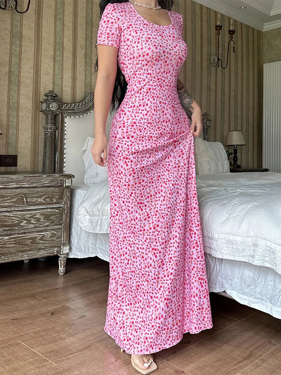 Floral Print T-Shirt Tie Back U-neck A-Line Long Floral Dress