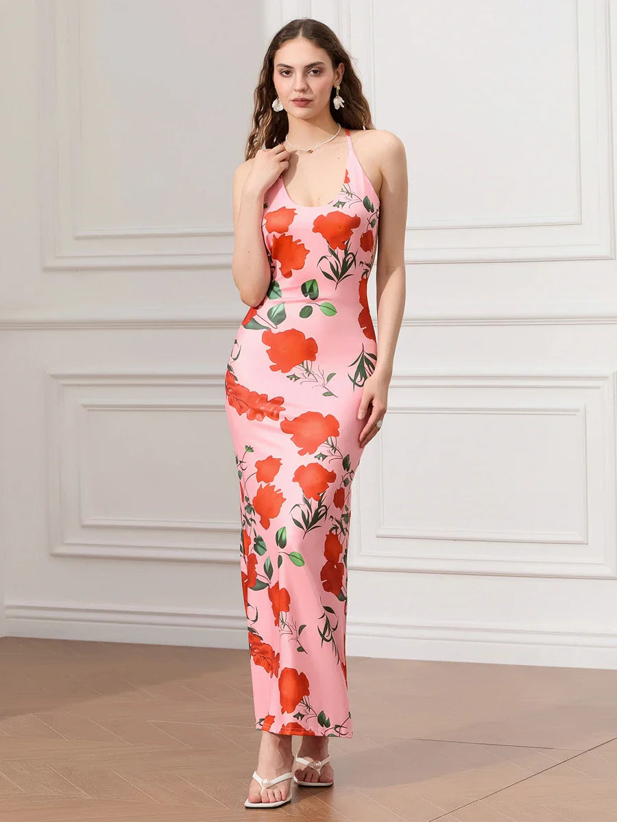 Backless Party Spaghetti Strap U-neck Bodycon Evening Floral Dress