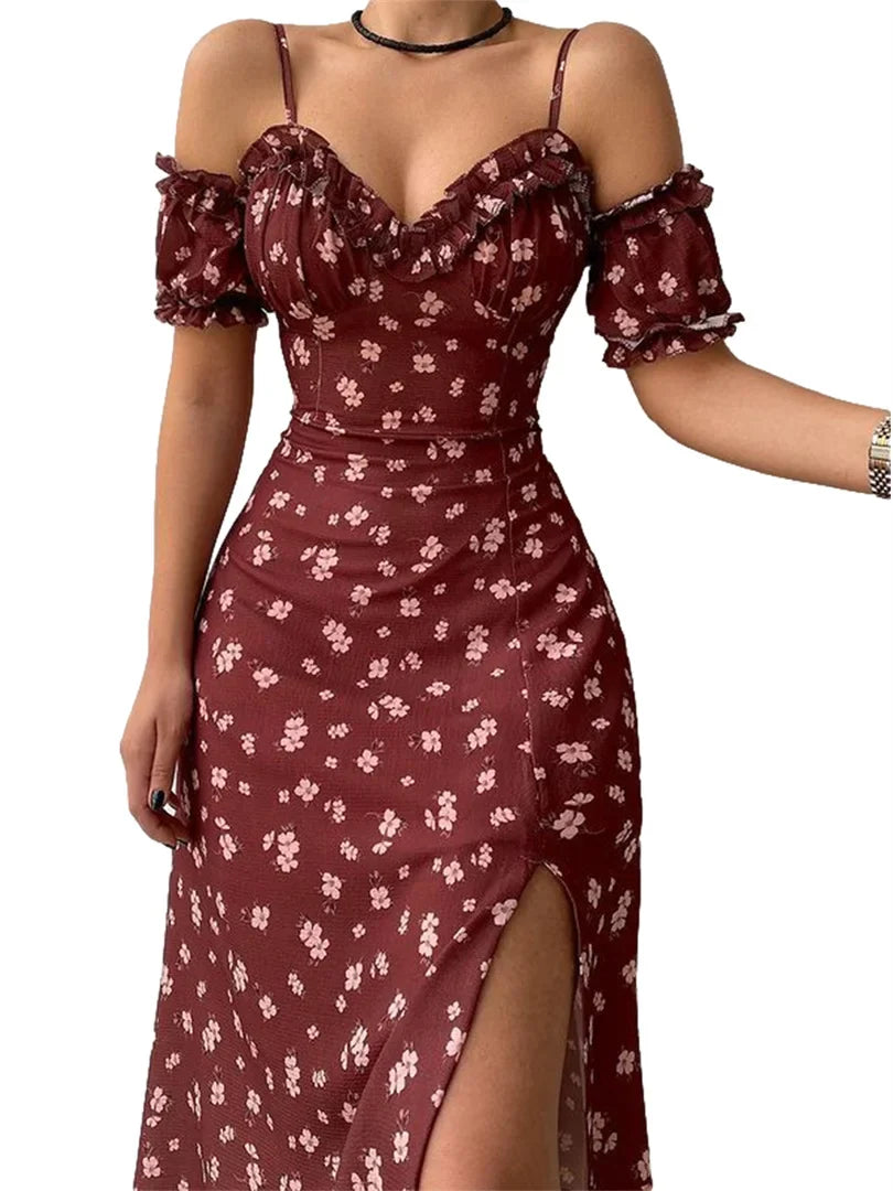 Off-Shoulder Frilly Suspender Short Sleeve Split Mid-Length A-Line Floral Dress