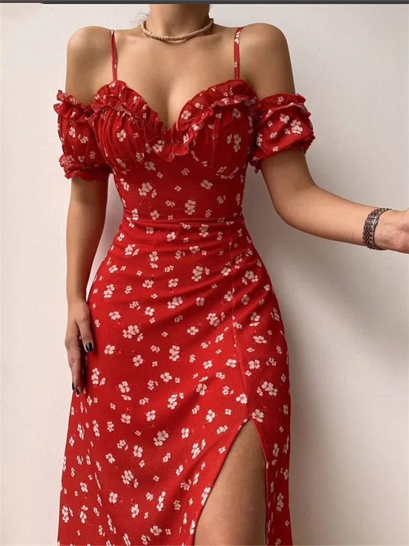 Off-Shoulder Frilly Suspender Short Sleeve Split Mid-Length A-Line Floral Dress