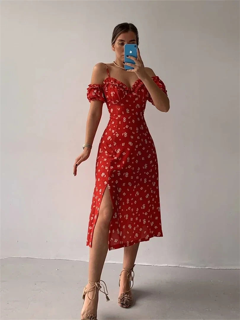 Off-Shoulder Frilly Suspender Short Sleeve Split Mid-Length A-Line Floral Dress