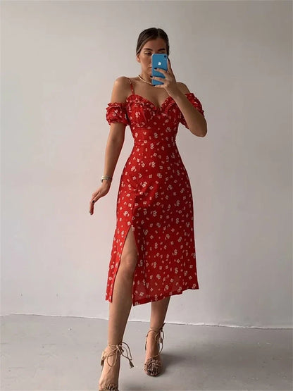 Off-Shoulder Frilly Suspender Short Sleeve Split Mid-Length A-Line Floral Dress