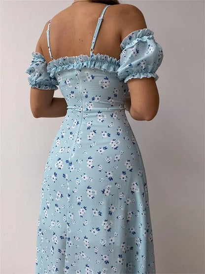 Off-Shoulder Frilly Suspender Short Sleeve Split Mid-Length A-Line Floral Dress