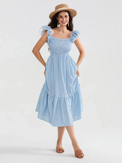 Floral Dot Print Shirred Square Neck Ruffled Flowing Beach Floral Dress