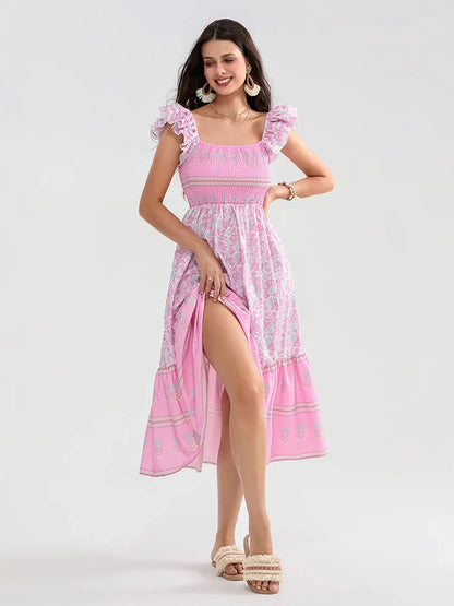 Floral Dot Print Shirred Square Neck Ruffled Flowing Beach Floral Dress