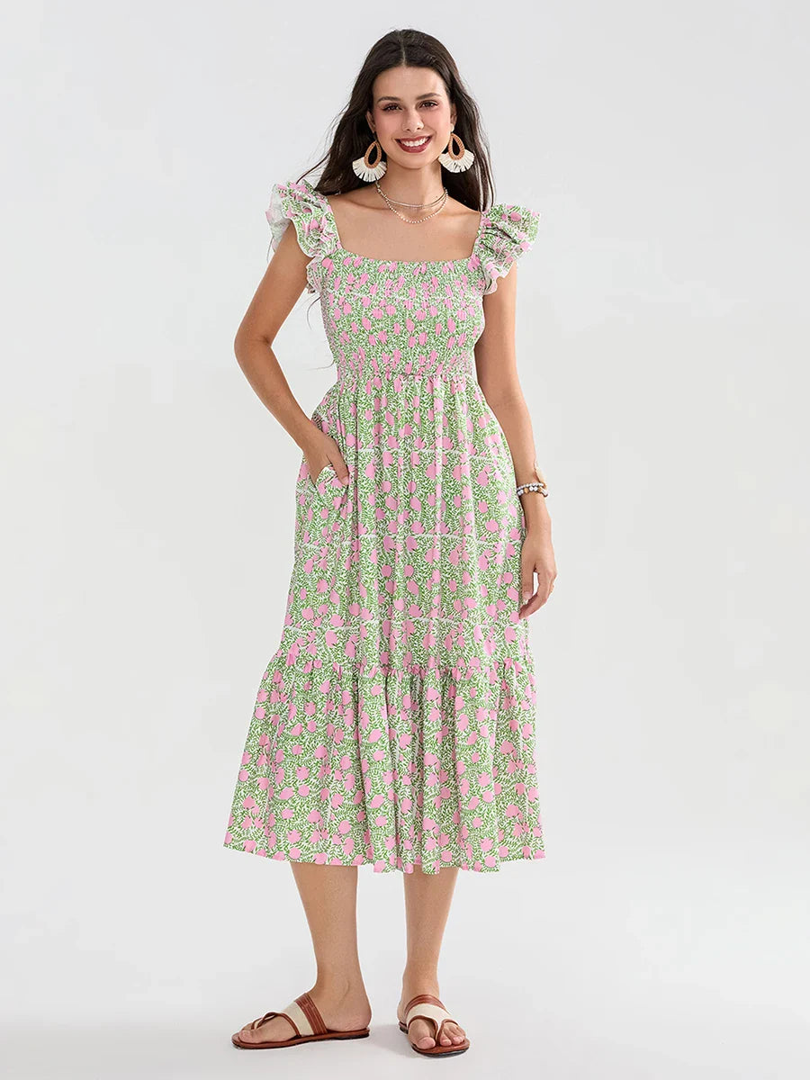 Floral Dot Print Shirred Square Neck Ruffled Flowing Beach Floral Dress