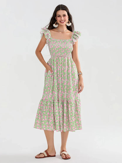 Floral Dot Print Shirred Square Neck Ruffled Flowing Beach Floral Dress