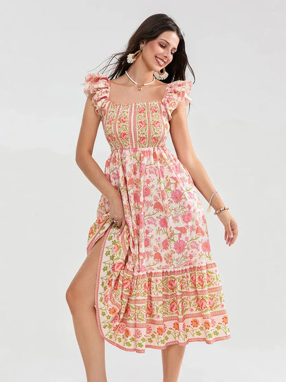 Floral Dot Print Shirred Square Neck Ruffled Flowing Beach Floral Dress