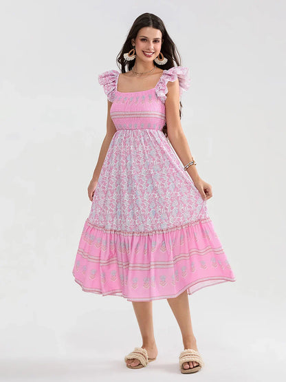 Floral Dot Print Shirred Square Neck Ruffled Flowing Beach Floral Dress