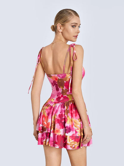 Floral Mini Dress Tied Spaghetti Strap Ruffle Hem Short Floral Dress