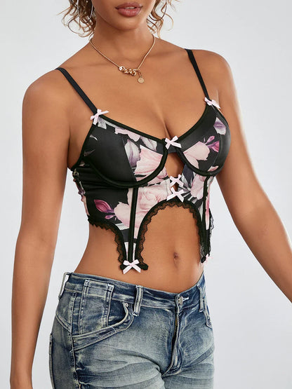 Black Floral Deep V Spaghetti Strap Backless Crop
