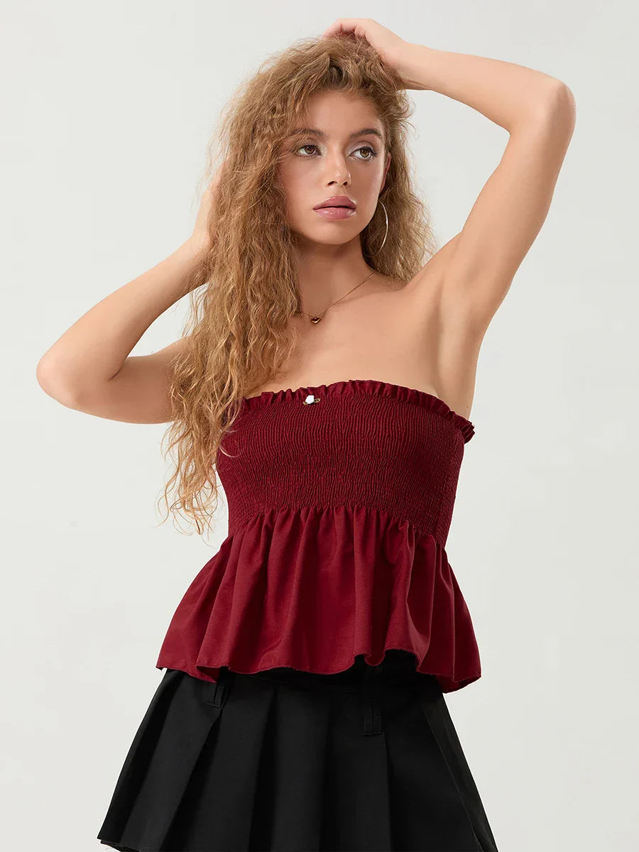 Ruffled Strapless Smocked Flowing Hem Bodydoll Tube Top