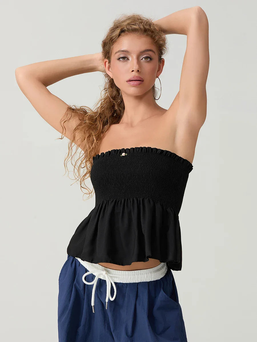 Ruffled Strapless Smocked Flowing Hem Bodydoll Tube Top