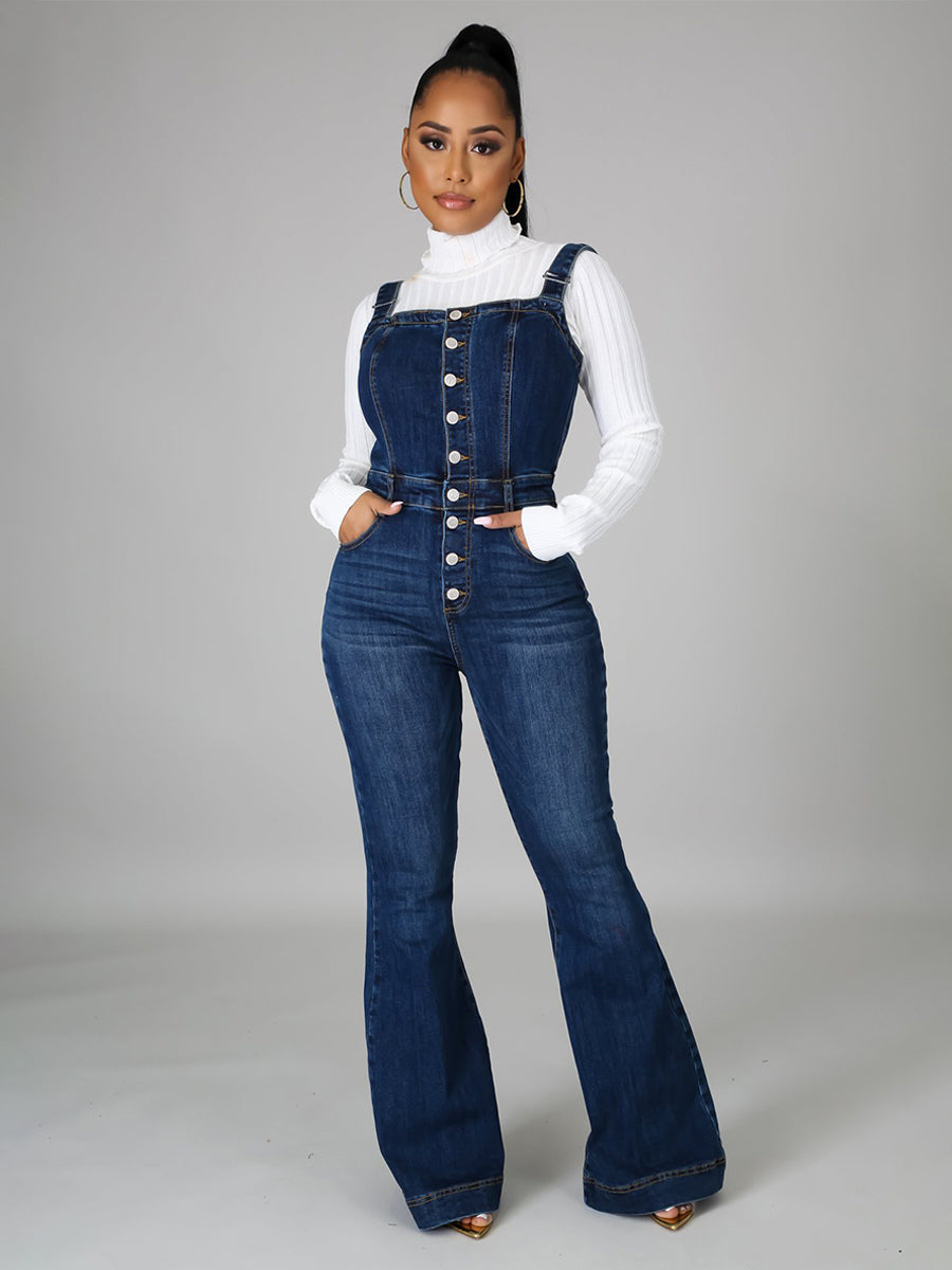 Button Up Washed Denim Jumpsuit For Women - Dark Blue Retro Bodycon Flare Leg Overalls - Summer Chic Streetwear 2026