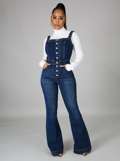 Button Up Washed Denim Jumpsuit For Women - Dark Blue Retro Bodycon Flare Leg Overalls - Summer Chic Streetwear 2026