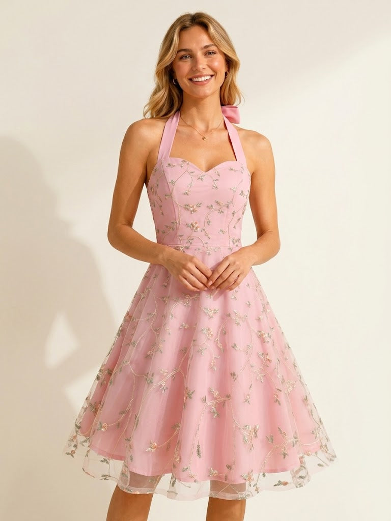 Vintage 1950s Floral Midi Dress For Women - Halter Neck Mesh Embroidery A-Line Sundress - Spring Garden Wedding Guest 2026