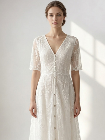 White Lace Maxi Boho Dress for Women - Embroidery Button Front Short Sleeves High Low Dress - Summer Beach Bridal Party Wear 2026