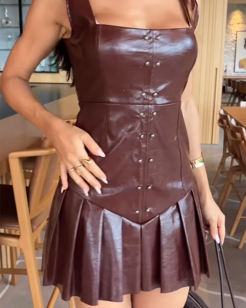 Suspenders Waist Cinched PU Dress (Pre-Sale)