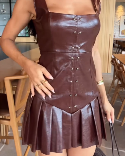 Suspenders Waist Cinched PU Dress (Pre-Sale)