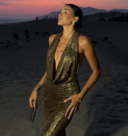 Halter Deep V Neck Metallic Shimmer Fishtail Maxi Gown