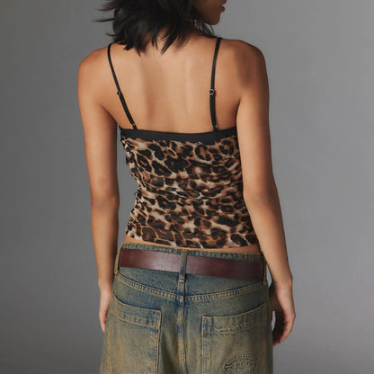 Leopand Mesh Spaghetti Crop Top