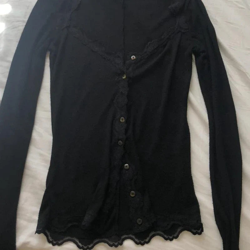 Vintage Lace Trim Button Low Cut Slim Fit Knit Top