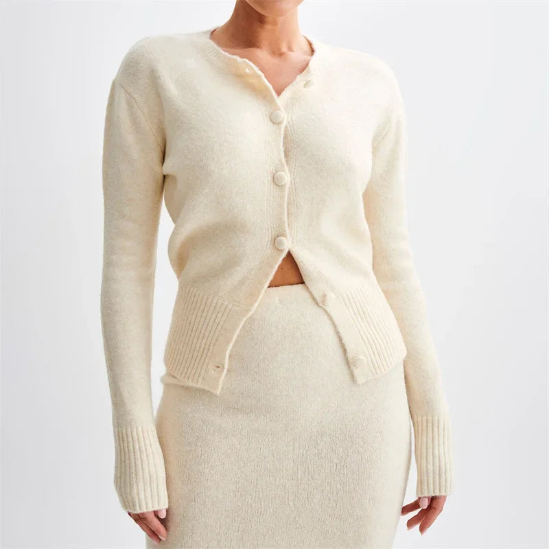 Solid Round Neck Single Breasted Y2K Style Knit Cardigan