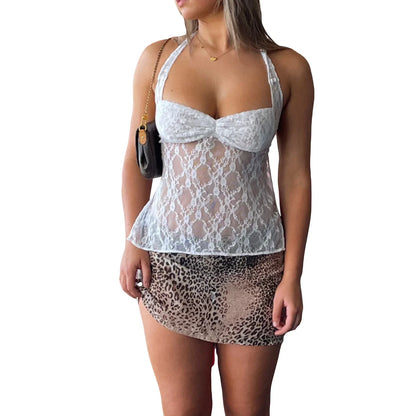 Y2K Retro Lace Sheer Mesh Backless Bandage Halter Crop Top