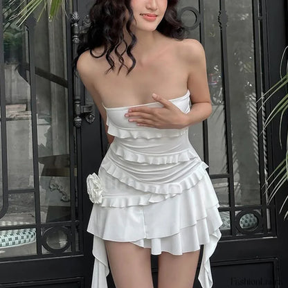 Y2K Off Shoulder Strapless Ruffle Hem Mini Floral Dress